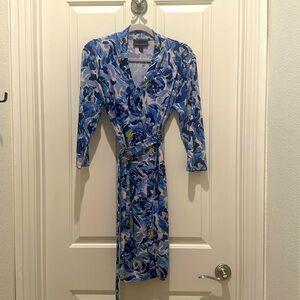 Cobalt blue baby blue white neon-yellow Dana Buchman low-cut belted dress